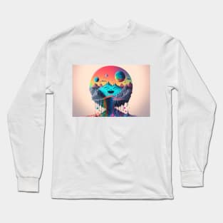 Full Moons Over Happy Mountains and the Rainbow River - Psychedelic Landscape - Paint Dripping 3D Illustration - Colorful Haunted Nature Scene Long Sleeve T-Shirt